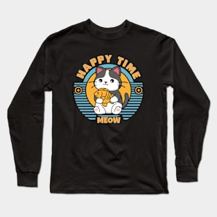 Cute Happy Time Meow Cat With Fish Retro Design Long Sleeve T-Shirt